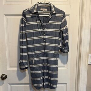 LOFT Blue and Cream Striped Long Sleeve Dress